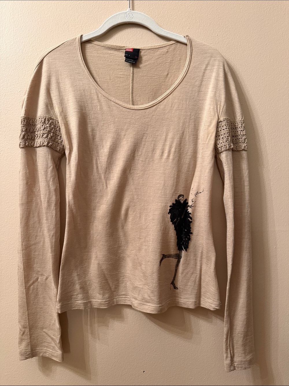 Diesel Beige Long Sleeve Scoop Neck Top with Crochet Sleeve Trim and Black graph